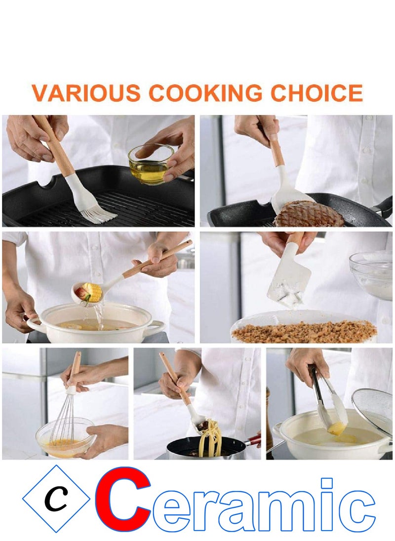 CERAMIC - Kitchen Cooking Utensils Set 14 Non-Stick Silicone Cooking Spatula Set with Holder Wooden Handle Silicone  Gadgets Utensil Set for Nonstick Cookware White - Image 1