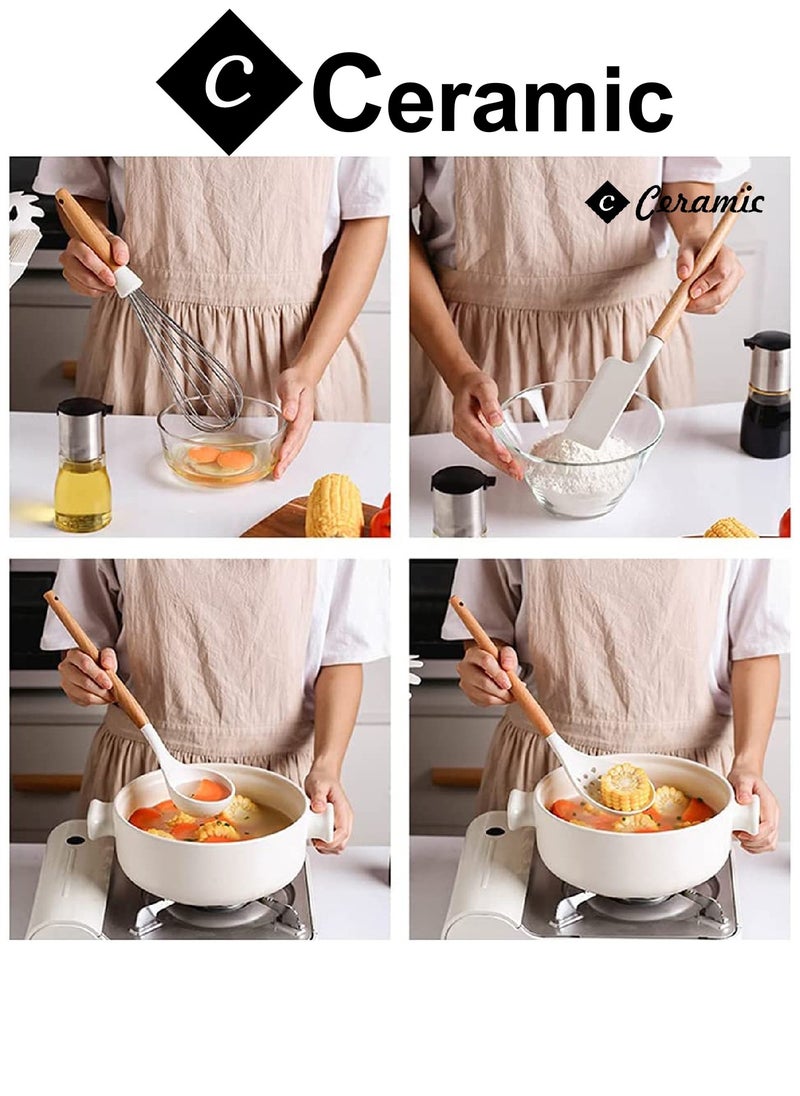 CERAMIC - Kitchen Cooking Utensils Set 14 Non-Stick Silicone Cooking Spatula Set with Holder Wooden Handle Silicone  Gadgets Utensil Set for Nonstick Cookware White - Image 1