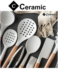 CERAMIC Kitchen Cooking Utensils Set 14 Non-Stick Silicone Cooking Spatula Set with Holder Wooden Handle Silicone  Gadgets Utensil Set for Nonstick Cookware White  - Image 3