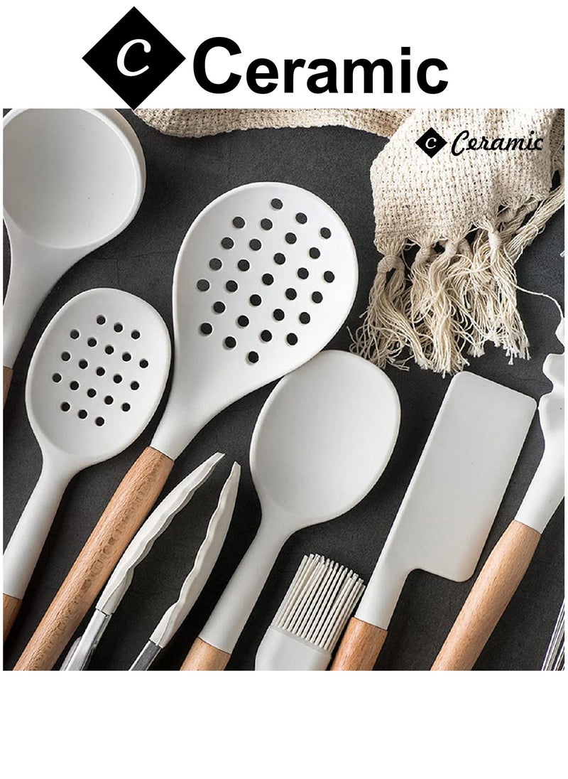 CERAMIC Kitchen Cooking Utensils Set 14 Non-Stick Silicone Cooking Spatula Set with Holder Wooden Handle Silicone  Gadgets Utensil Set for Nonstick Cookware White  - Image 3