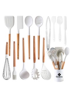 CERAMIC Kitchen Cooking Utensils Set 14 Non-Stick Silicone Cooking Spatula Set with Holder Wooden Handle Silicone  Gadgets Utensil Set for Nonstick Cookware White  - Image 1