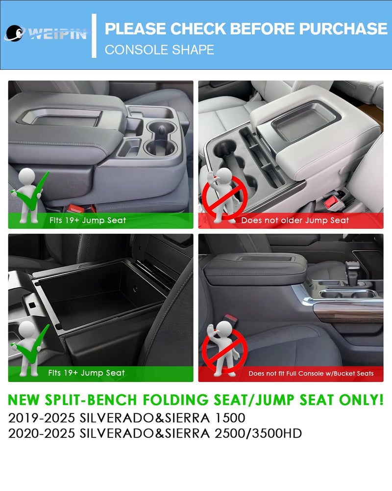 WEIPIN for Center Console Tray Compatible with 2019-2026 Chevy Silverado 1500& 2020-2026 Silverado 2500HD 3500HD (Split-Bench Folding Seat) Armrest Storage Box Console Organizer ABS Materials - Image 2