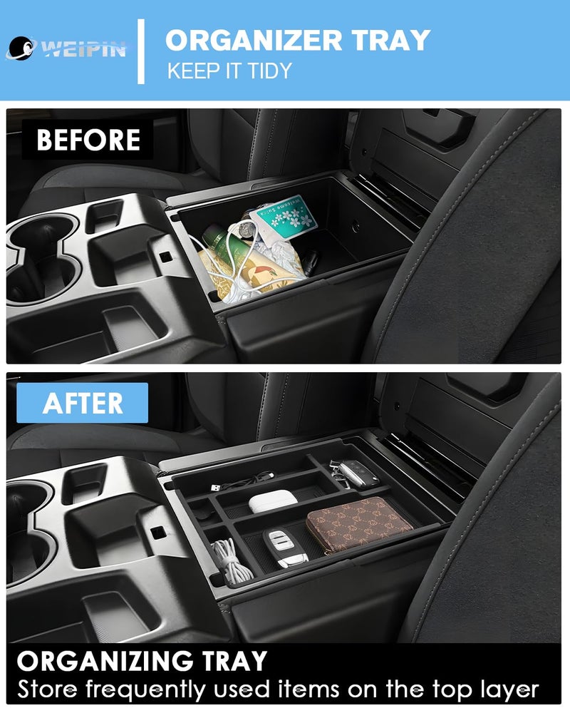 WEIPIN for Center Console Tray Compatible with 2019-2026 Chevy Silverado 1500& 2020-2026 Silverado 2500HD 3500HD (Split-Bench Folding Seat) Armrest Storage Box Console Organizer ABS Materials - Image 3
