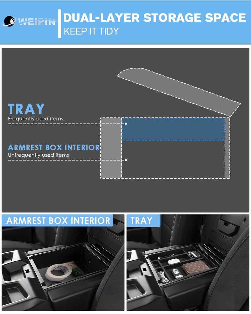 WEIPIN for Center Console Tray Compatible with 2019-2026 Chevy Silverado 1500& 2020-2026 Silverado 2500HD 3500HD (Split-Bench Folding Seat) Armrest Storage Box Console Organizer ABS Materials - Image 4