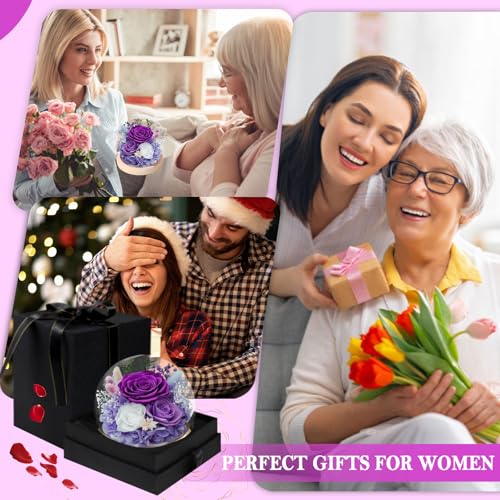 FIACO Preserved Flowers in Glass Dome Forever Fresh Flowers for Delivery Prime Purple Eternal Rose That Last 1-3 Years,Birthday Flowers Gifts for Women Mom Grandma Wife Friends - Image 5