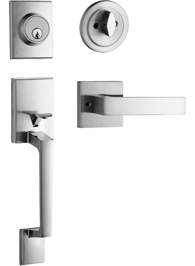 Berlin Modisch Single Cylinder HandleSet with Lever Door Handle Reversible for Right and Left Handed and a Single Cylinder deadbolt Handle Set 11" HandleSet [8 3/4" between screw holes] Silver - Image 1