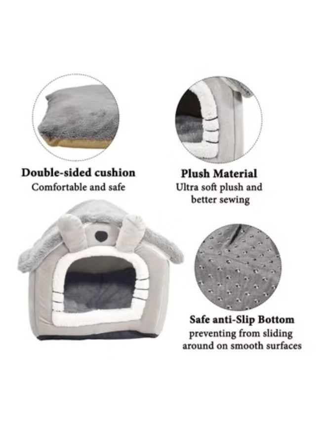 NNC PETS Pet cave bed with Plush material, Removable Cushion, Washable, and Foldable, Comfortable cat house with Cartoon hood design, Portable, Removable Zippered and Anti-slip bottom, Medium 48 cm (Grey) - Image 4