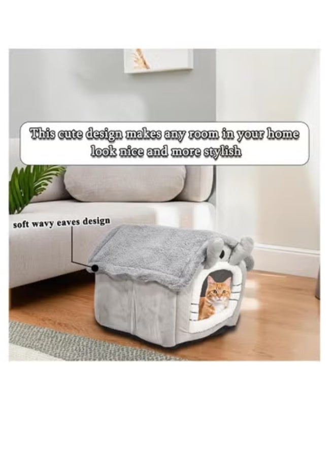 NNC PETS Pet cave bed with Plush material, Removable Cushion, Washable, and Foldable, Comfortable cat house with Cartoon hood design, Portable, Removable Zippered and Anti-slip bottom, Medium 48 cm (Grey) - Image 5