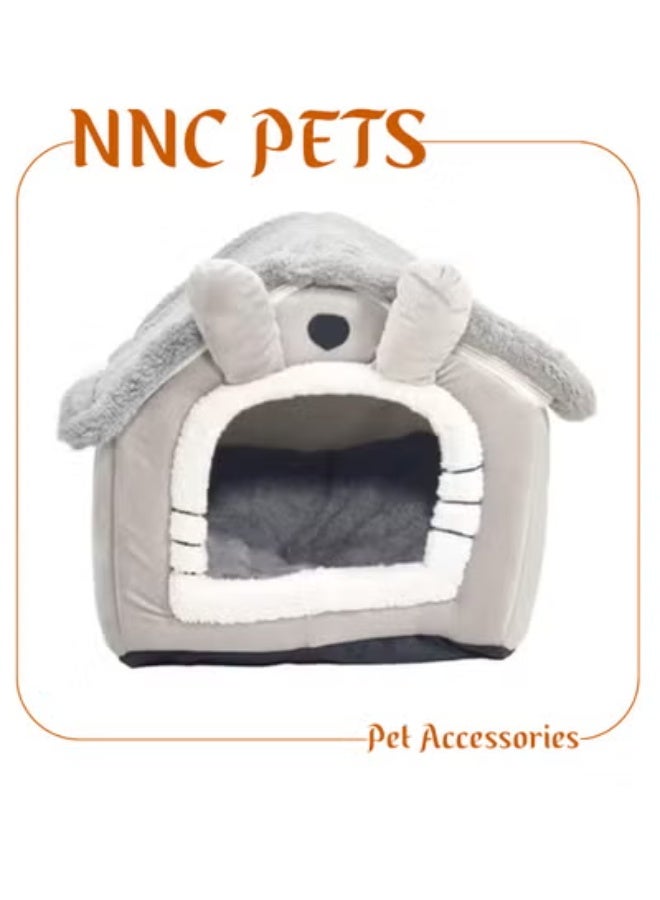 NNC PETS Pet cave bed with Plush material, Removable Cushion, Washable, and Foldable, Comfortable cat house with Cartoon hood design, Portable, Removable Zippered and Anti-slip bottom, Medium 48 cm (Grey) - Image 1