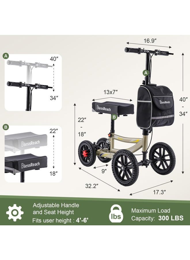 BlessReach Knee Scooter, 300lbs Capacity, 13" Big PU Seat, Disc Brake Knee Walker, All Terrain Foldable Knee Scooter Walker with Bag for Foot Injuries Compact Crutches Alternative (Champagne) - Image 4