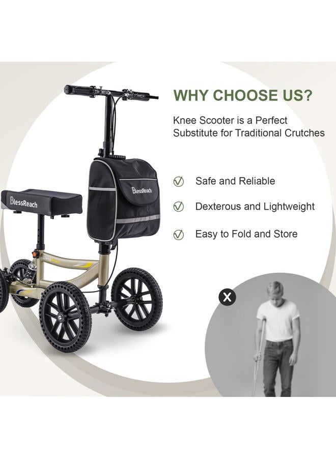 BlessReach Knee Scooter, 300lbs Capacity, 13" Big PU Seat, Disc Brake Knee Walker, All Terrain Foldable Knee Scooter Walker with Bag for Foot Injuries Compact Crutches Alternative (Champagne) - Image 3