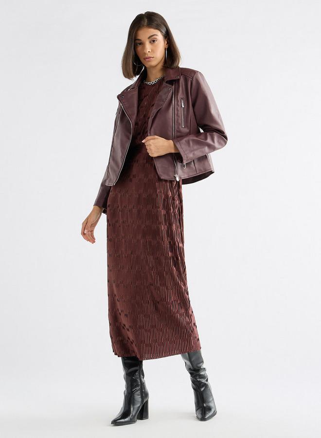 Splash FAV Textured Round Neck Dress with Short Sleeves and Tie-Up Belt - Image 2