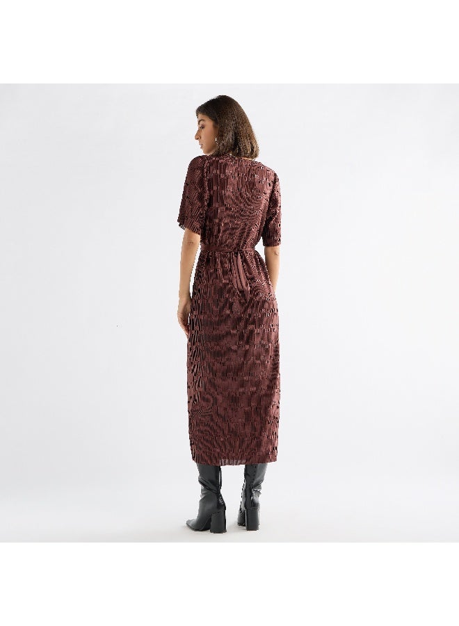 Splash FAV Textured Round Neck Dress with Short Sleeves and Tie-Up Belt  - Image 1