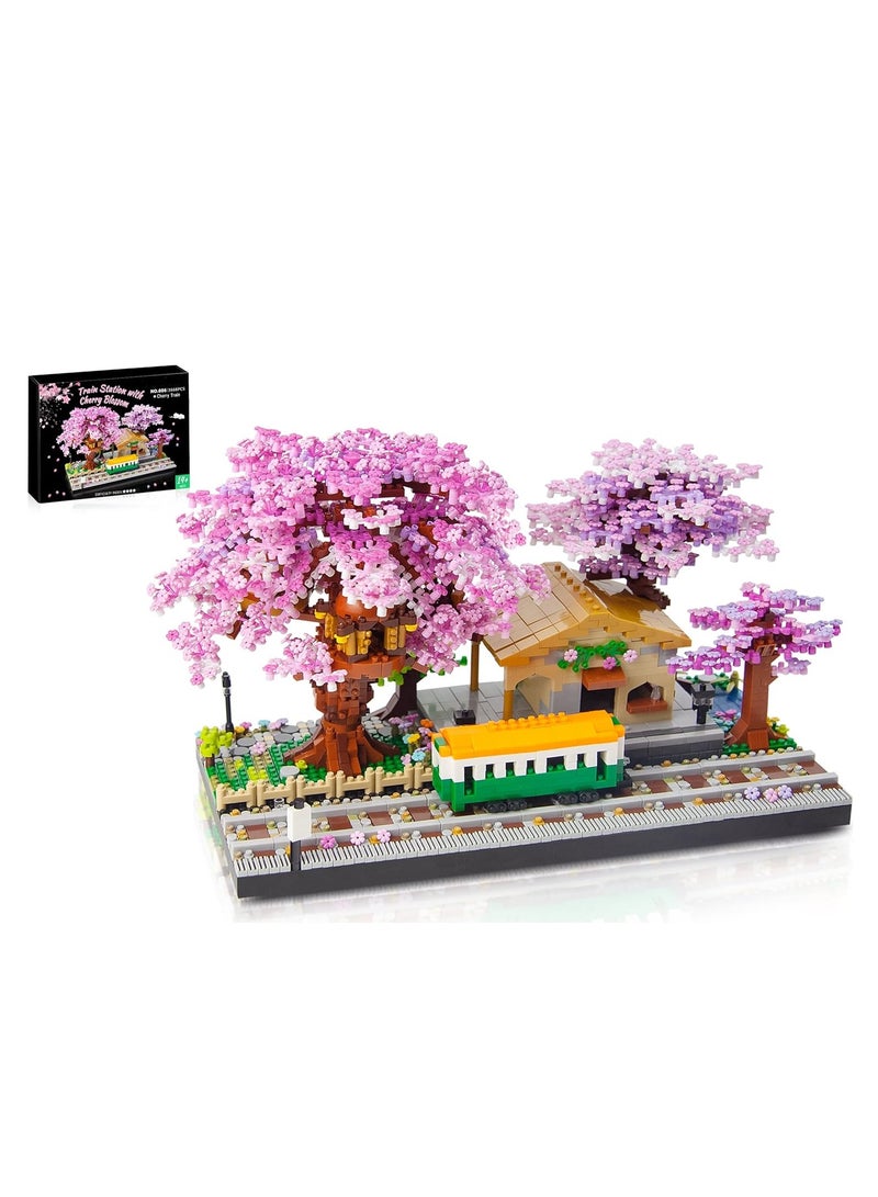 SYOSI Mini Cherry Blossom Train Station Building Blocks Set, Sakura Botanical Collection Building Set for Adults, 14+ Teens, Home Decor Accessories, 3668 Pcs  - Image 1