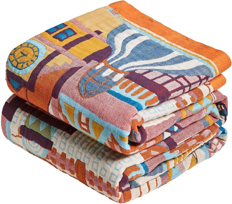 LUTBM Boho Throw Blanket for Couch Sofa Chair Cotton Blankets for Bedroom Living Room All Season Lightweight Reversible Classical Architecture Embroidery Decorative Throws 50"x60" - Image 1