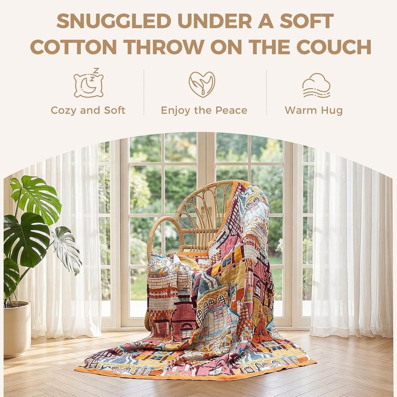 LUTBM Boho Throw Blanket for Couch Sofa Chair Cotton Blankets for Bedroom Living Room All Season Lightweight Reversible Classical Architecture Embroidery Decorative Throws 50"x60" - Image 4
