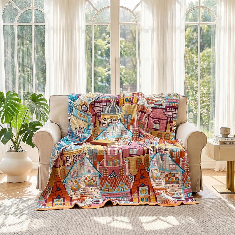 LUTBM Boho Throw Blanket for Couch Sofa Chair Cotton Blankets for Bedroom Living Room All Season Lightweight Reversible Classical Architecture Embroidery Decorative Throws 50"x60" - Image 5