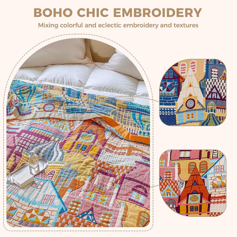 LUTBM Boho Throw Blanket for Couch Sofa Chair Cotton Blankets for Bedroom Living Room All Season Lightweight Reversible Classical Architecture Embroidery Decorative Throws 50"x60" - Image 3