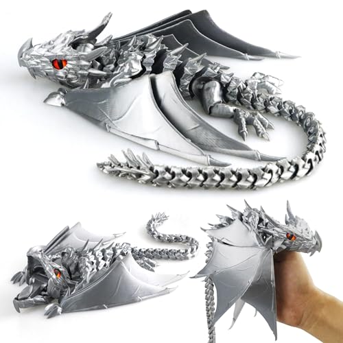 LehuoMaker 3D Printed Dragon with Wings Fidget Dragon Toys 3D Printed Animals Flexible Articulated Winged Crystal Dragon ModelHome Office Decor Desktop PetSilk Silver - Image 1