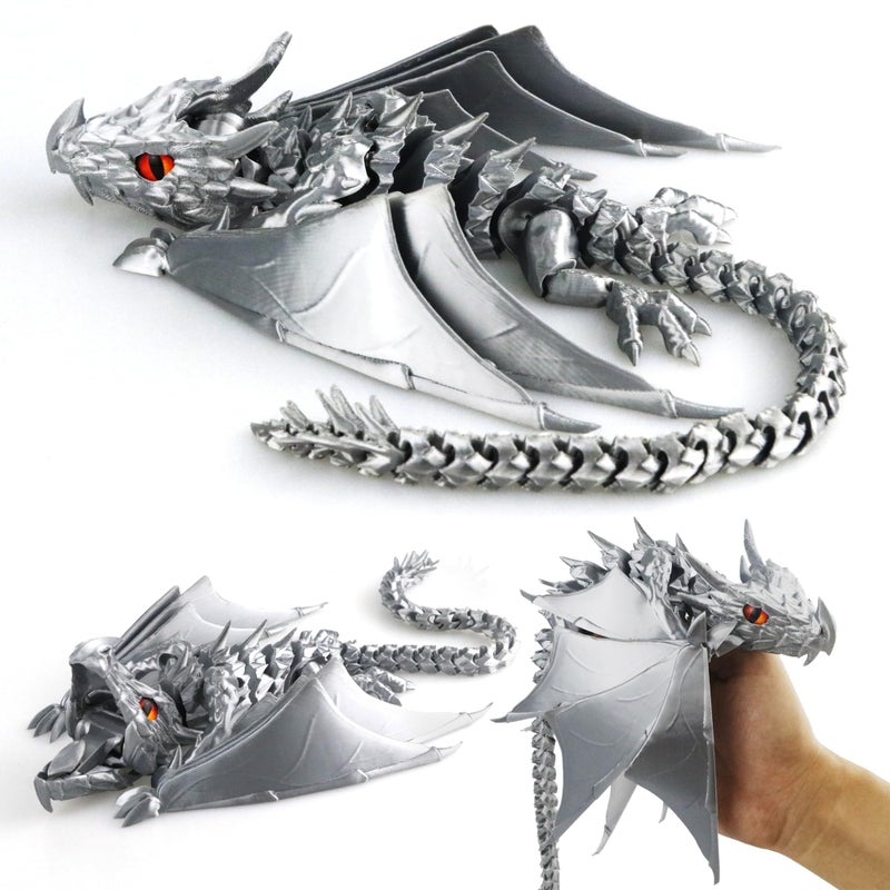 LehuoMaker 3D Printed Dragon with Wings Fidget Dragon Toys 3D Printed Animals Flexible Articulated Winged Crystal Dragon ModelHome Office Decor Desktop PetSilk Silver - Image 3