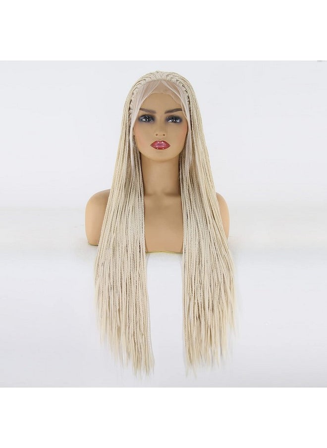 BTWTRY - Platinum Blonde Braided Synthetic Lace Front Wigs For Black Women Heat Resistant Fiber Hair Micro Braided Hair Box Braids Wig African American Hair (24Inch 60 Color) - Image 1