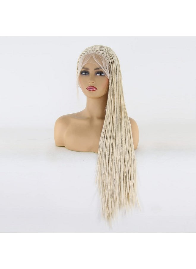 BTWTRY - Platinum Blonde Braided Synthetic Lace Front Wigs For Black Women Heat Resistant Fiber Hair Micro Braided Hair Box Braids Wig African American Hair (24Inch 60 Color) - Image 1