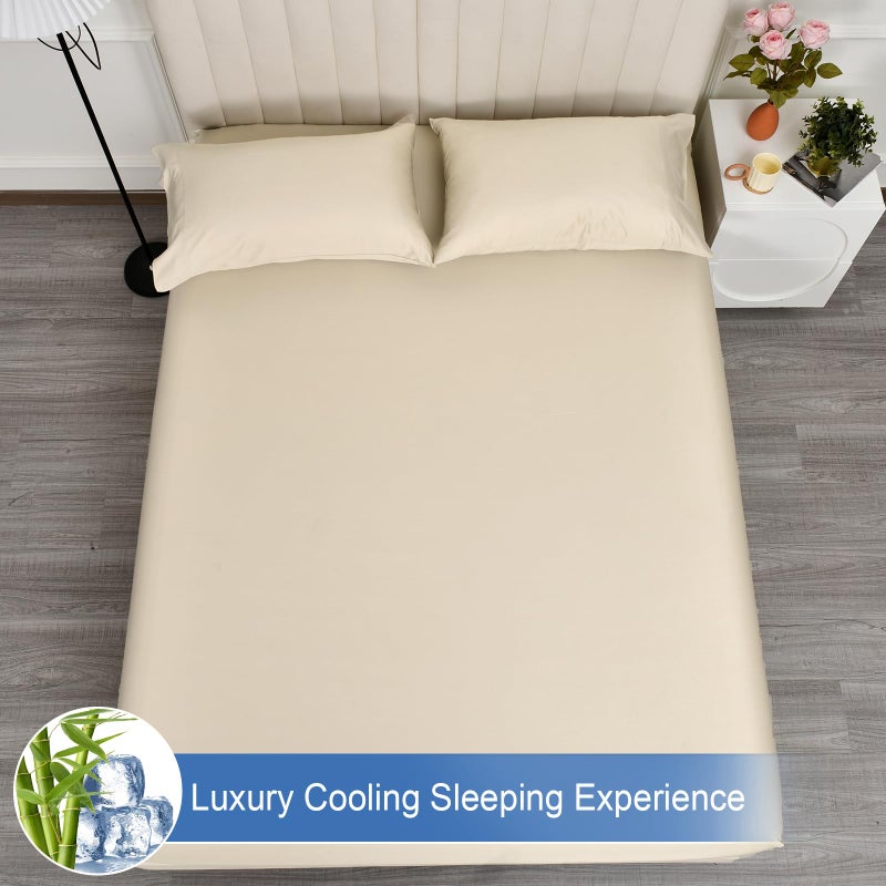 PHF PHF 100% Rayon Derived from Bamboo Cooling Fitted Sheet King Size for Hot Sleeper  16"" Deep Pocket  2.5cm Wider Strong Elastic Easy Fit  Breathable Silky Smooth Soft 78""x 80"" Natural No Pillowcase  - Image 3