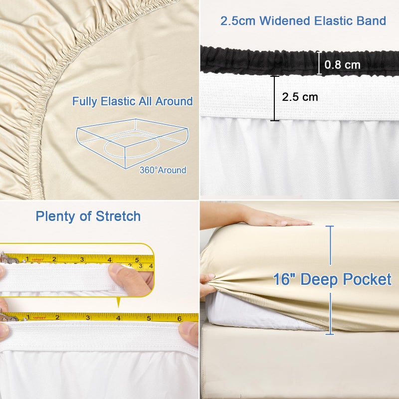PHF PHF 100% Rayon Derived from Bamboo Cooling Fitted Sheet King Size for Hot Sleeper  16"" Deep Pocket  2.5cm Wider Strong Elastic Easy Fit  Breathable Silky Smooth Soft 78""x 80"" Natural No Pillowcase  - Image 5