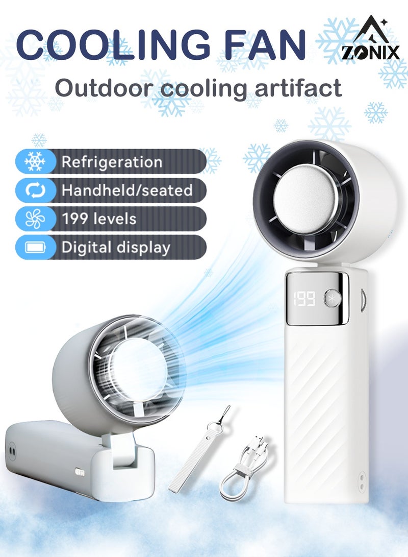ZONIX Portable Handheld Fan with 199-Speed Adjustable - ICE Ceramic Cooling, 4000mAh Battery, Digital Display, 3-in-1 Foldable Turbo Fan for Travel/Camping/Office (White) - Image 1