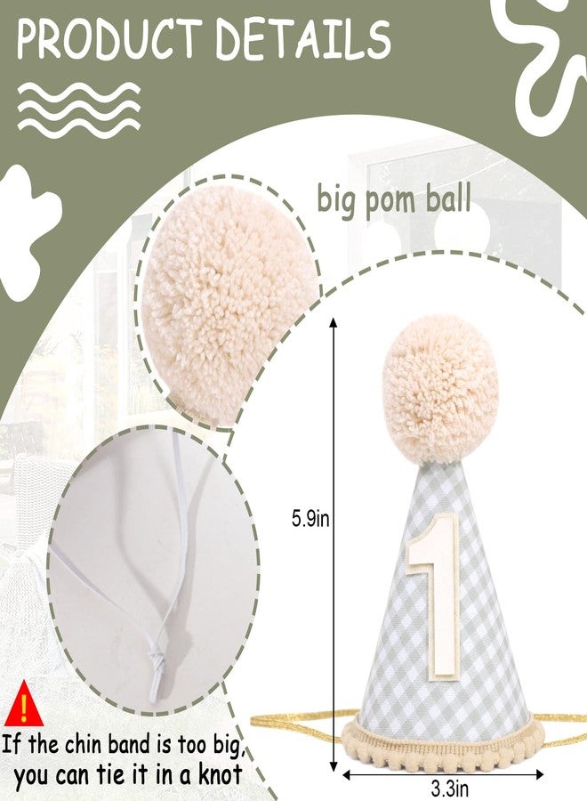 ZZDCMS Neutral Green First Birthday Party Hat-1st Cone Crown for Baby Boys Girls，Pale Beige Green Gingham Hat for Cake Smash Photo Props,Kids First Year Birthday Party Decoration， - Image 2