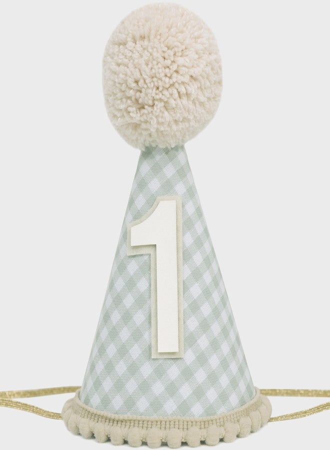 ZZDCMS Neutral Green First Birthday Party Hat-1st Cone Crown for Baby Boys Girls，Pale Beige Green Gingham Hat for Cake Smash Photo Props,Kids First Year Birthday Party Decoration， - Image 1