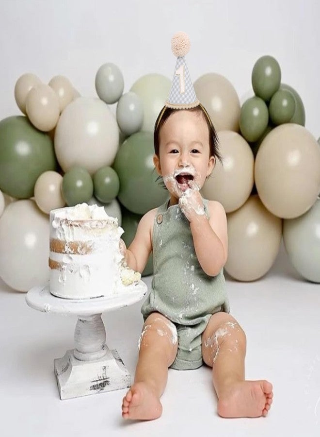 ZZDCMS Neutral Green First Birthday Party Hat-1st Cone Crown for Baby Boys Girls，Pale Beige Green Gingham Hat for Cake Smash Photo Props,Kids First Year Birthday Party Decoration， - Image 5