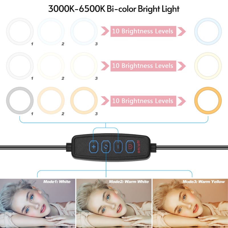 6-inch Video Streaming LED Ring Light Bi-color 3000K-6500K 10-level Brightness Dimmable USB Powered with Table Tripod for Video Live Makeup Online Teaching - Image 5