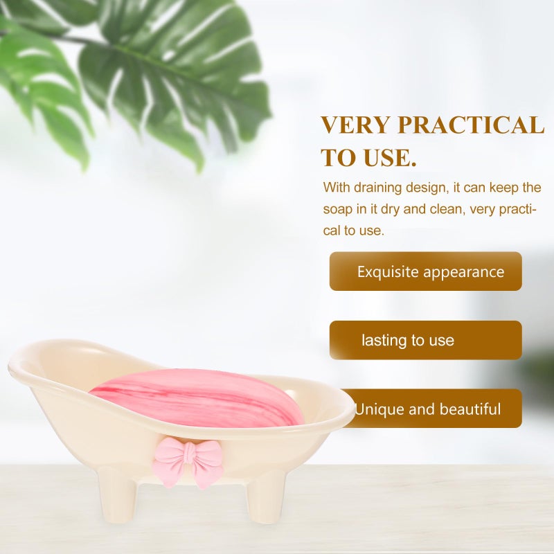 Self Draining Soap Dish with Bowknot Design Cream White Bathroom Shower Tray - Image 4