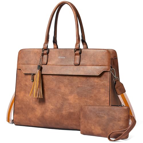 Shrrie 17 inch Laptop Bag for Women,Water-Resistant Work Bag LaptopTote Bag,Professional Business Tote for Office,Travel,College-Fits 15.6 Laptop&Tablet,Briefcase with Satchel Purse,Two-toned Brown - Image 1