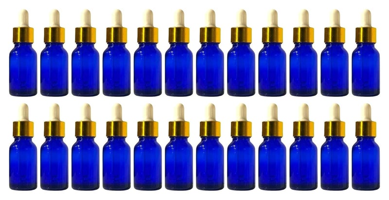 VOW 15 ML Blue Round Empty Glass Bottle Glass Dropper Gold Ring Silicone White Teat Refillable Reusable Leak Proof for Essential Oils PerfumesPack of 24 - Image 1
