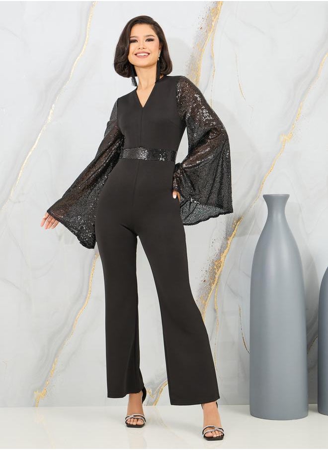 Styli Sequin Detail Bell Sleeves Straight Leg Jumpsuit  - Image 5