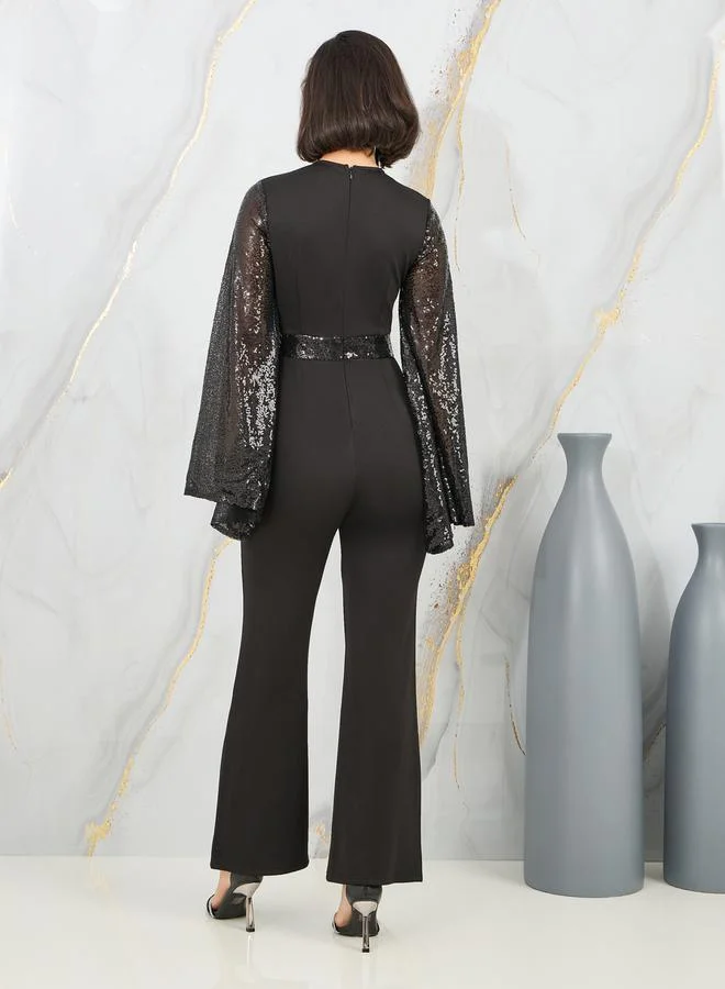 Styli Sequin Detail Bell Sleeves Straight Leg Jumpsuit
