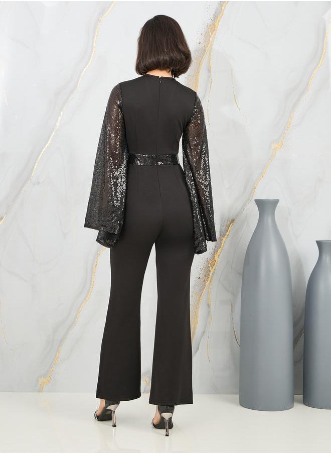 Styli Sequin Detail Bell Sleeves Straight Leg Jumpsuit  - Image 4