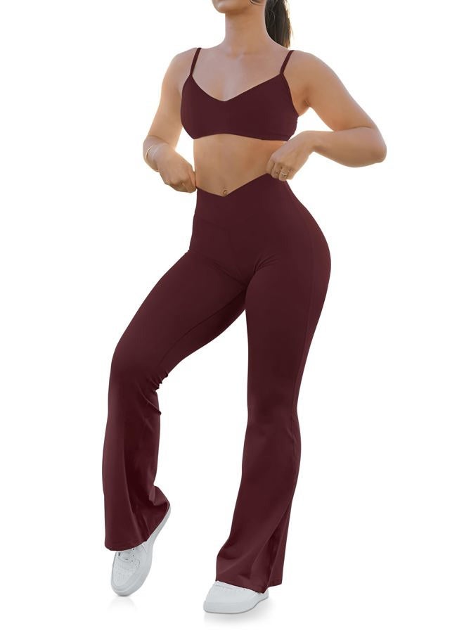 HEGALY Women's Flare Yoga Pants - Crossover Flare Leggings High Waisted Tummy Control Workout Casual Bootcut Pants, Wine Red, L - Image 2
