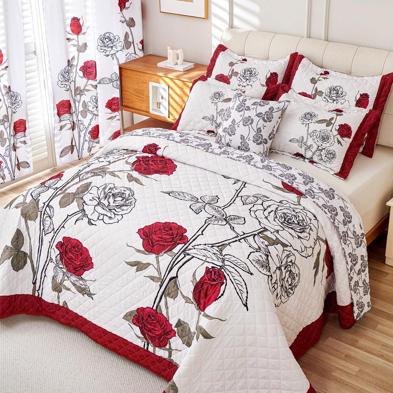 EVENHUG Quilt King Size Red Rose Bedding Set Floral Bedspread Lightweight Reversible Bed Cover with 2 Pillow Shams for All Seasons 3 Pieces (106"X96") - Image 2