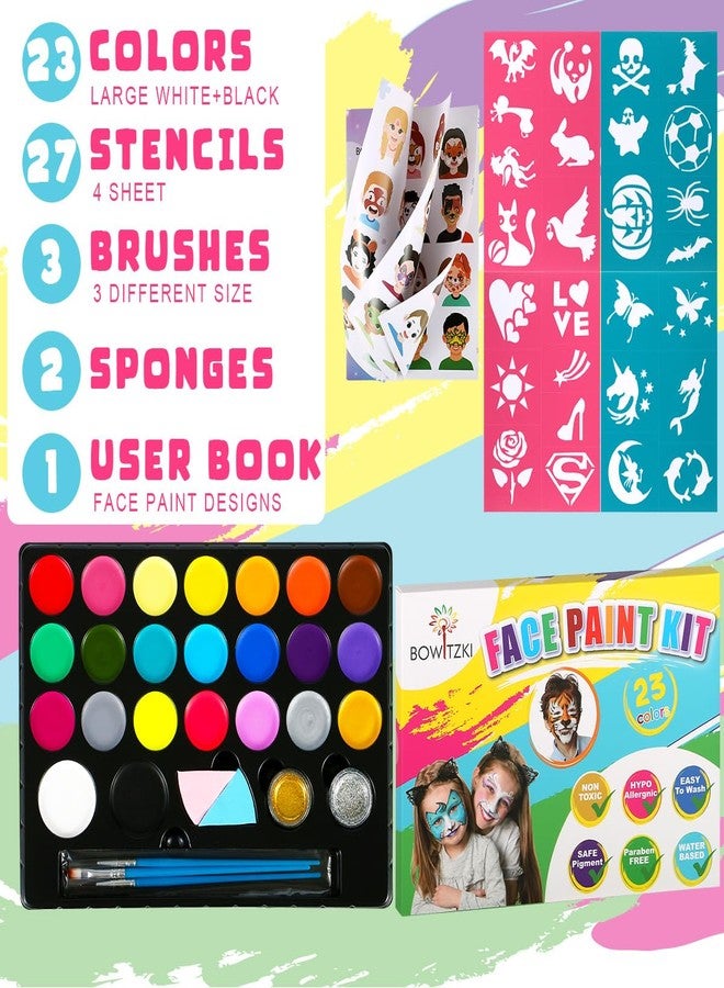 Bowitzki Face Painting Kit for Kids 23 Colors Water Based Face Paint Kit Non Toxic Professional with Stencils Brushes for Parties Birthdays Halloween Christmas Body Makeup - Image 3