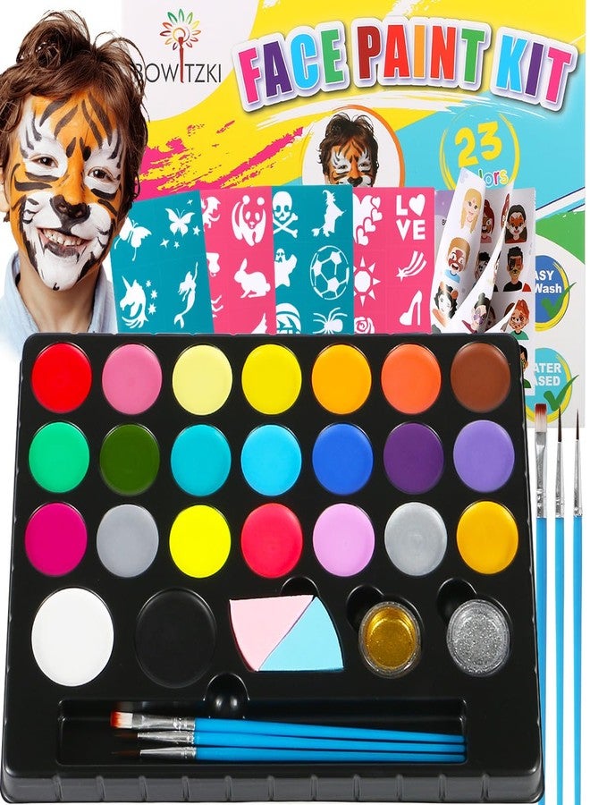 Bowitzki Face Painting Kit for Kids 23 Colors Water Based Face Paint Kit Non Toxic Professional with Stencils Brushes for Parties Birthdays Halloween Christmas Body Makeup - Image 1