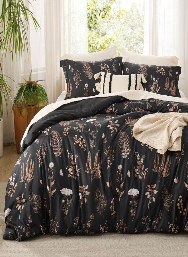 Bedsure Comforter Set Twin Size - Cute Floral Comforter, Black Bedding Comforter Sets, 1 Soft Reversible Botanical Flowers Comforter and 1 Pillow Sham - Image 1