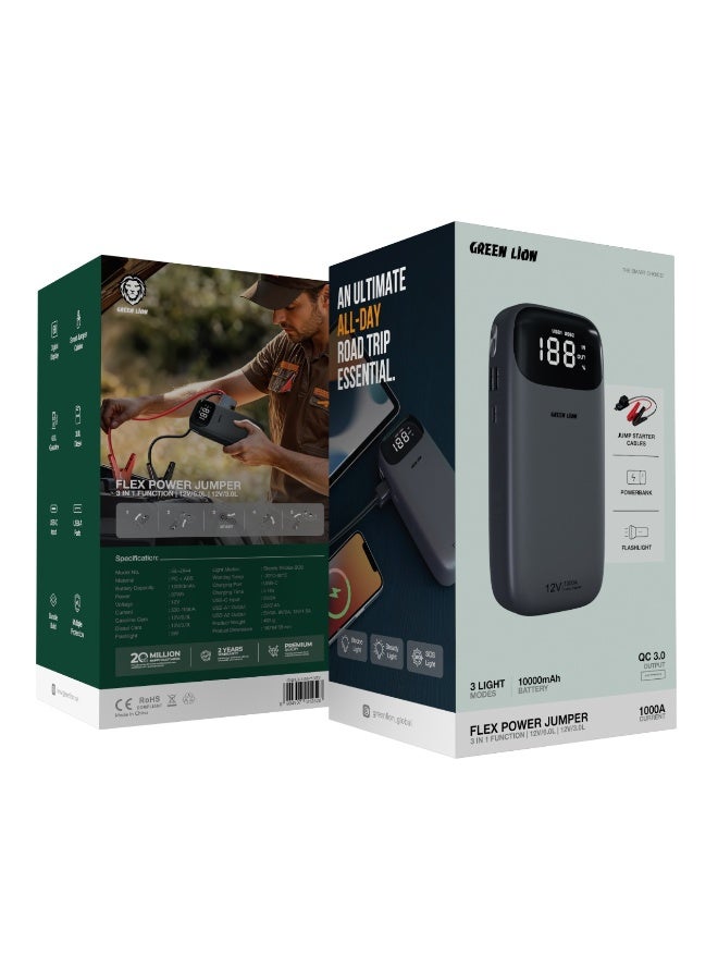 GREEN LION Flex Power Jumper 37W and Power Bank 10000mAh / Digital Display / Battery Jumpstarter for Gasoline & Diesel Cars - Grey - Image 5