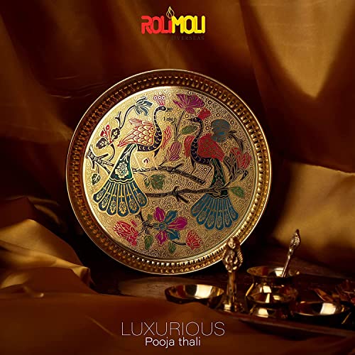 ROLIMOLI Premium Peacock Handcrafted Pooja Design Brass Pooja thali Set for Festival Brass (8 Pieces, Multicolor) - Image 2