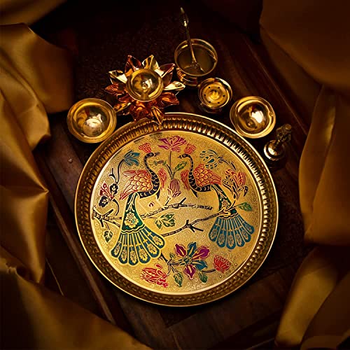 ROLIMOLI Premium Peacock Handcrafted Pooja Design Brass Pooja thali Set for Festival Brass (8 Pieces, Multicolor) - Image 1