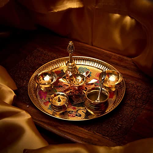 ROLIMOLI Premium Peacock Handcrafted Pooja Design Brass Pooja thali Set for Festival Brass (8 Pieces, Multicolor) - Image 3