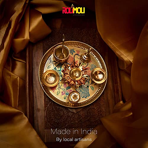 ROLIMOLI Premium Peacock Handcrafted Pooja Design Brass Pooja thali Set for Festival Brass (8 Pieces, Multicolor) - Image 4