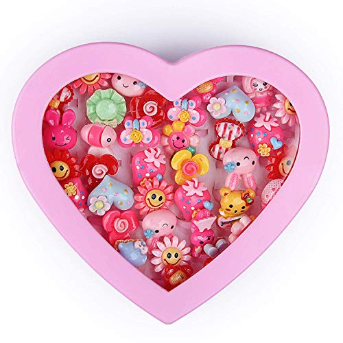 SillyMe Kids Girls Cartoon Pretend Play Toy Fancy 36 Finger Rings for Birthday Gifts Comes in Pink Heart Shape Box .Suitable for Age 2-10 yrs - Image 1